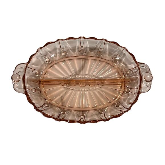 Vintage Pink Depression Glass Divided Relish Dish Oval Tray 1930s Art Deco - Picture 1 of 9